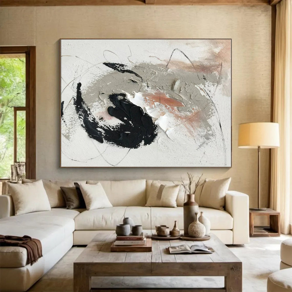 “Gray - Black - White - Peach Abstract Swirls” ，Abstract Acrylic Painting CT0809