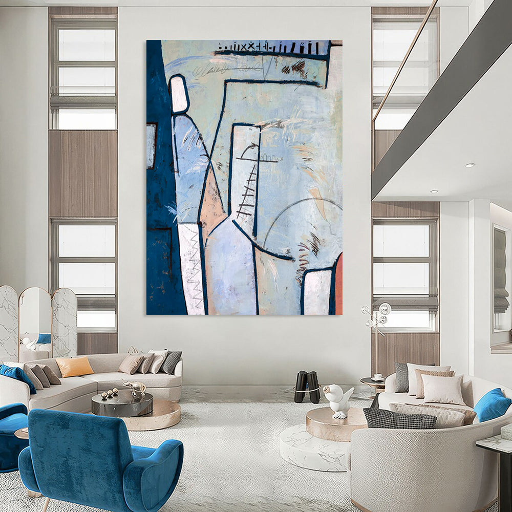 Blue - Toned Geometric Abstract with Linear Details Painting On Canvas CT2393