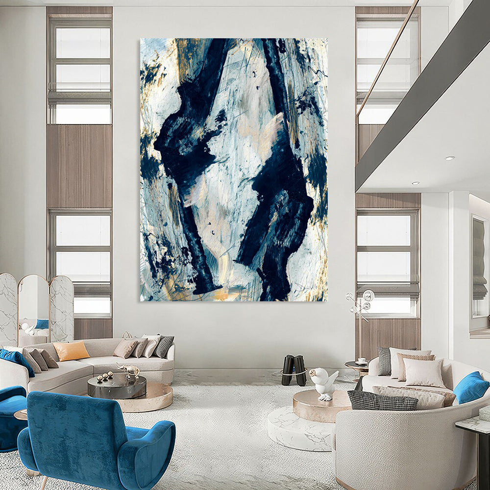 “Blue and Gold Abstract Forms” - Blue, Gold, White Abstract Painting On Canvas DTP244