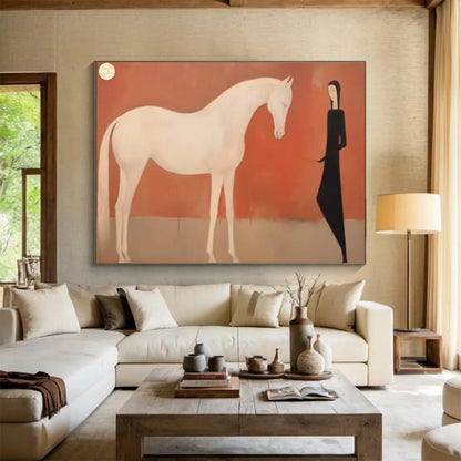 “Moonlit Companions” - White, Black, Red Figurative Oil Painting On Canvas DKH730