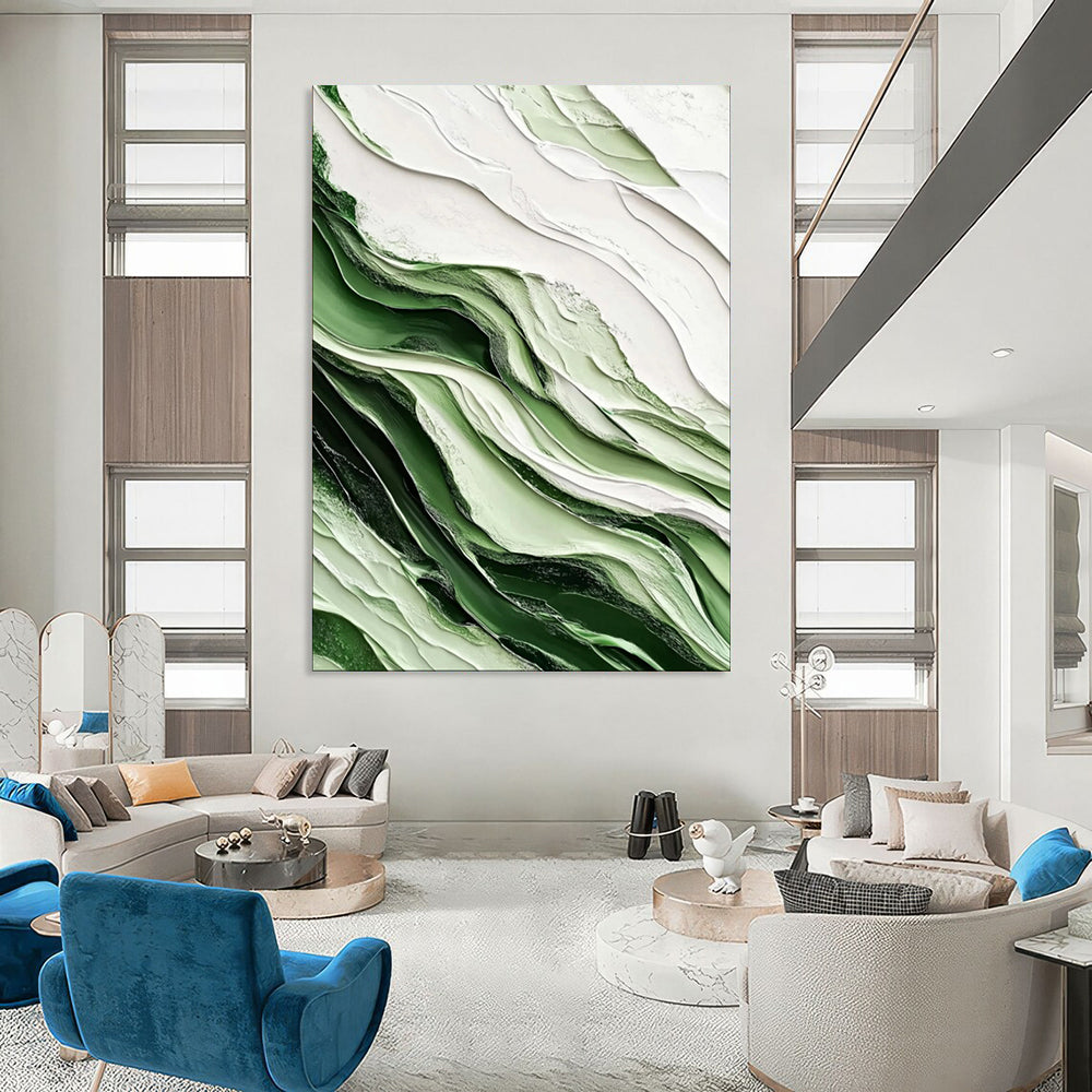“Emerald and Ivory Waves” – Textured Abstract Acrylic Art CT2069
