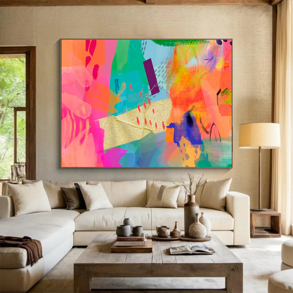 Vibrant Mixed - Media Abstract in Neon and Gold Painting On Canvas DKH199