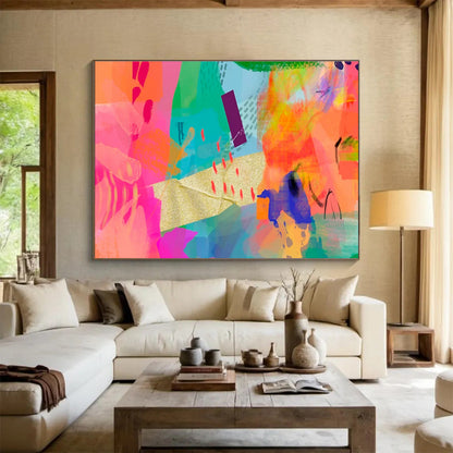 Vibrant Mixed - Media Abstract in Neon and Gold Painting On Canvas DKH199