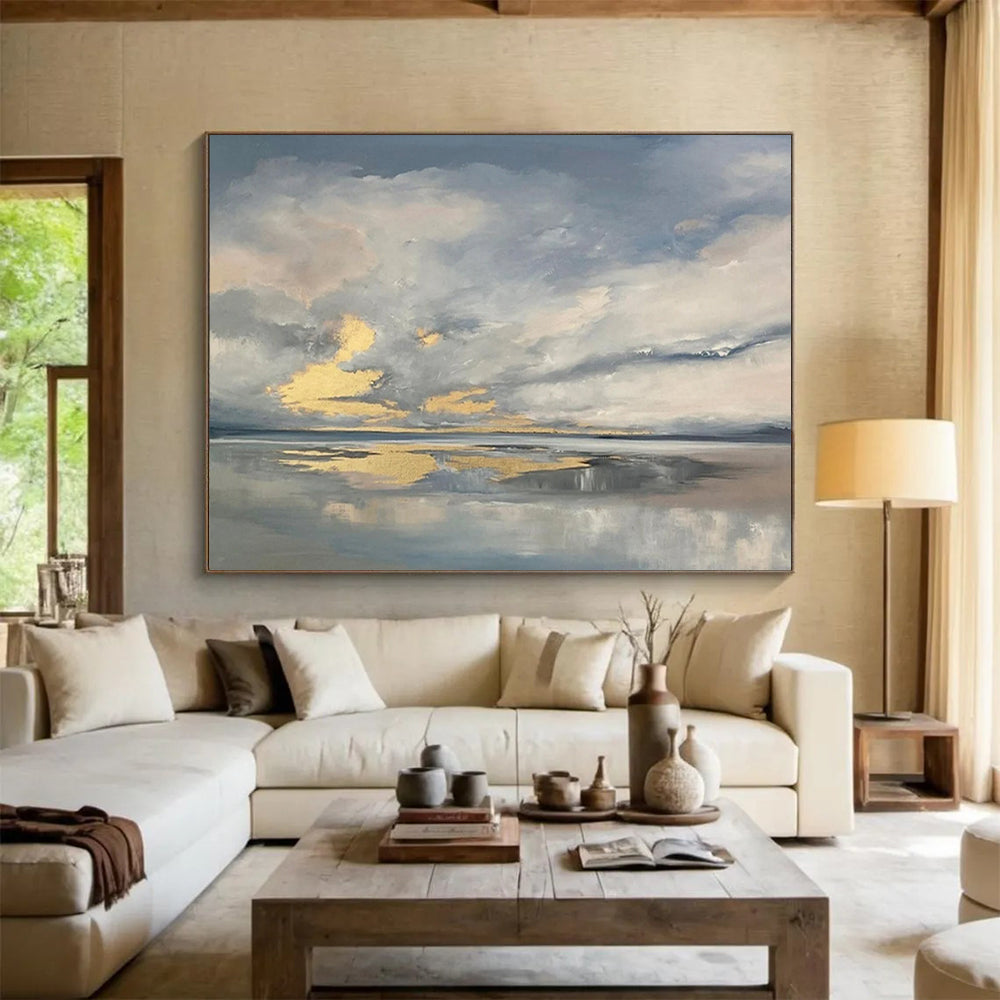 “Cloudy Sky Reflections” - Gray, Gold & Blue Atmospheric Landscape Painting On Canvas DLZ253