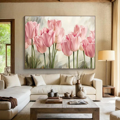 Realistic Pink Tulips - Pink & Green Floral Painting On Canvas DKH898