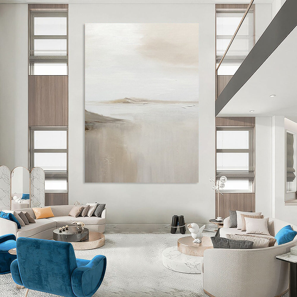 “White, Beige Subtle Landscape ‘Foggy Serenity’” - Impasto Landscape Painting On Canvas DTP359