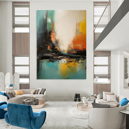 “Vibrant Urban Impression” - Blue, Yellow & Orange Cityscape - Inspired Painting On Canvas DKH0928