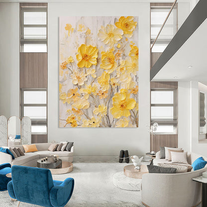 “Yellow Floral Relief” - Yellow, White, Gray Textured Floral Painting On Canvas DTP289