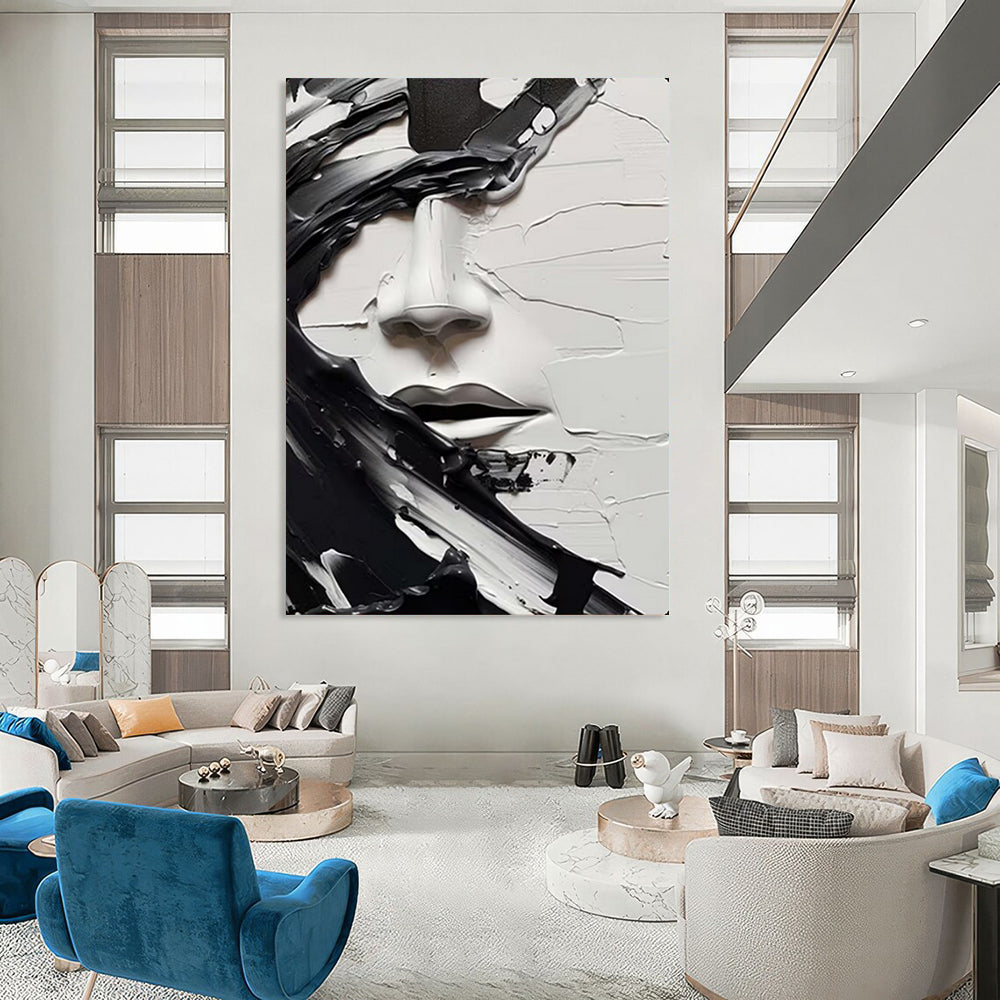 “Textured Black - and - White Face” – Abstract Impasto Portrait Painting On Canvas CT2134