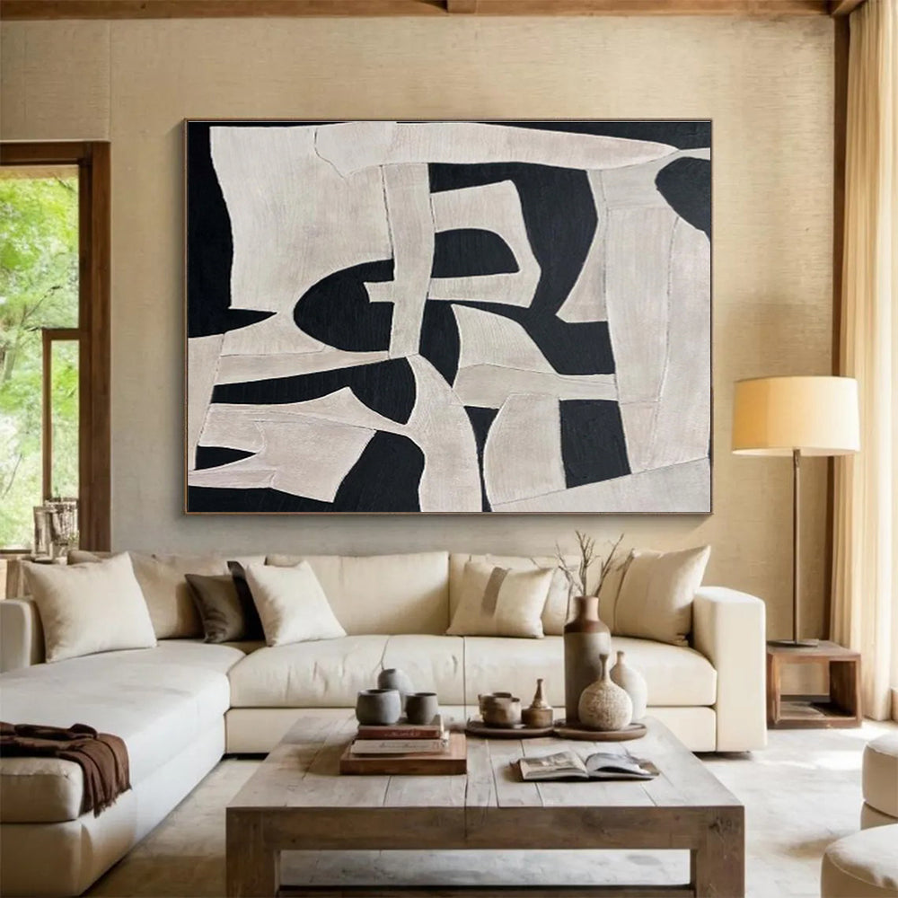 Black and White Geometric Abstract “Dynamic Shape Interplay” Painting On Canvas DKH091