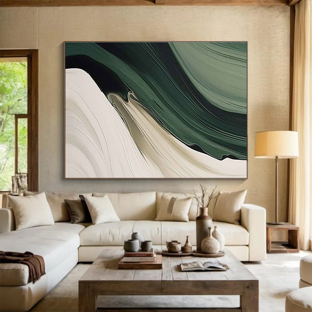 “Flowing Earth Tones” - Green, Beige, White Abstract Landscape Painting On Canvas DKH753