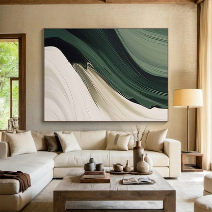 “Flowing Earth Tones” - Green, Beige, White Abstract Landscape Painting On Canvas DKH753