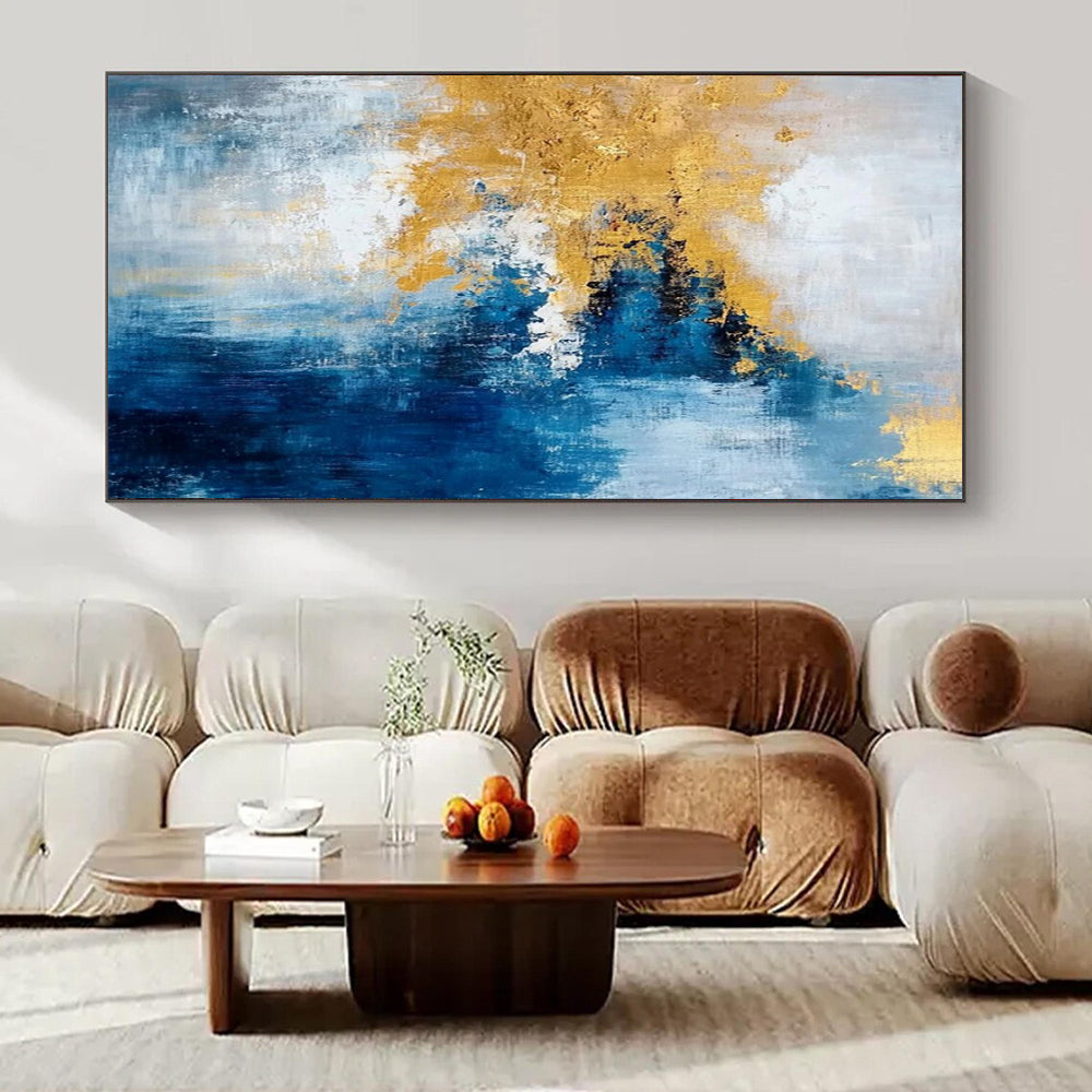 “Blue, Gold, White Colliding Waves” – Vibrant Abstract Art CT1009