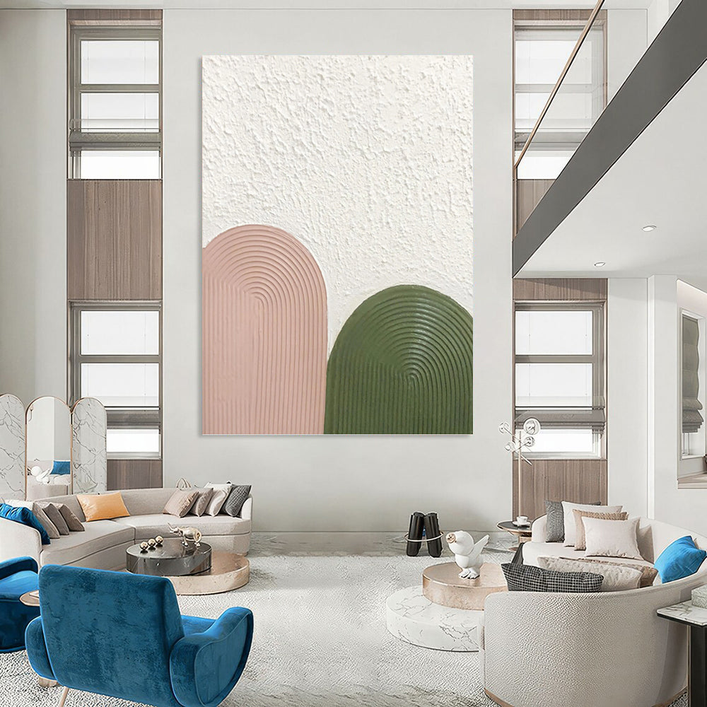 “Blush & Green Arches” - Pink, Green & White Textured Curves Painting On Canvas DKH1175