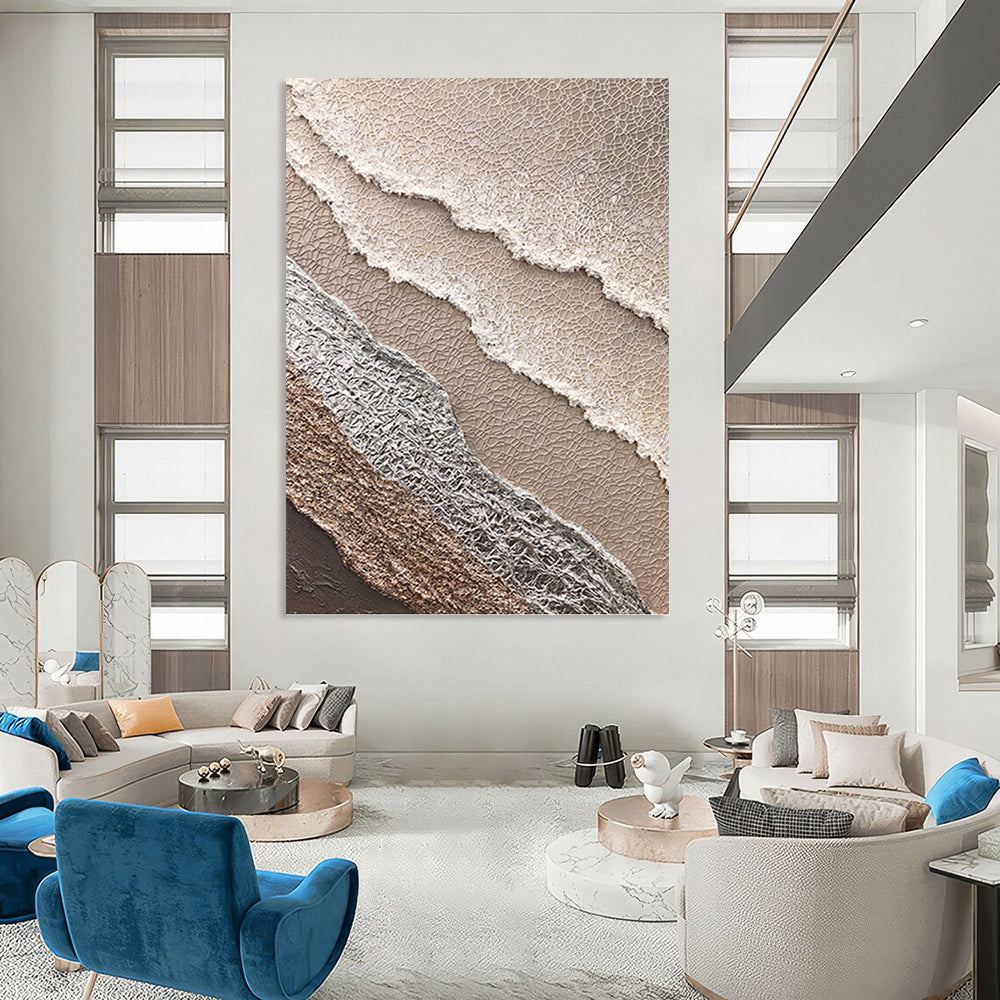 “Beige, White & Silver Textured Layered Abstract” Painting On Canvas DKH0988