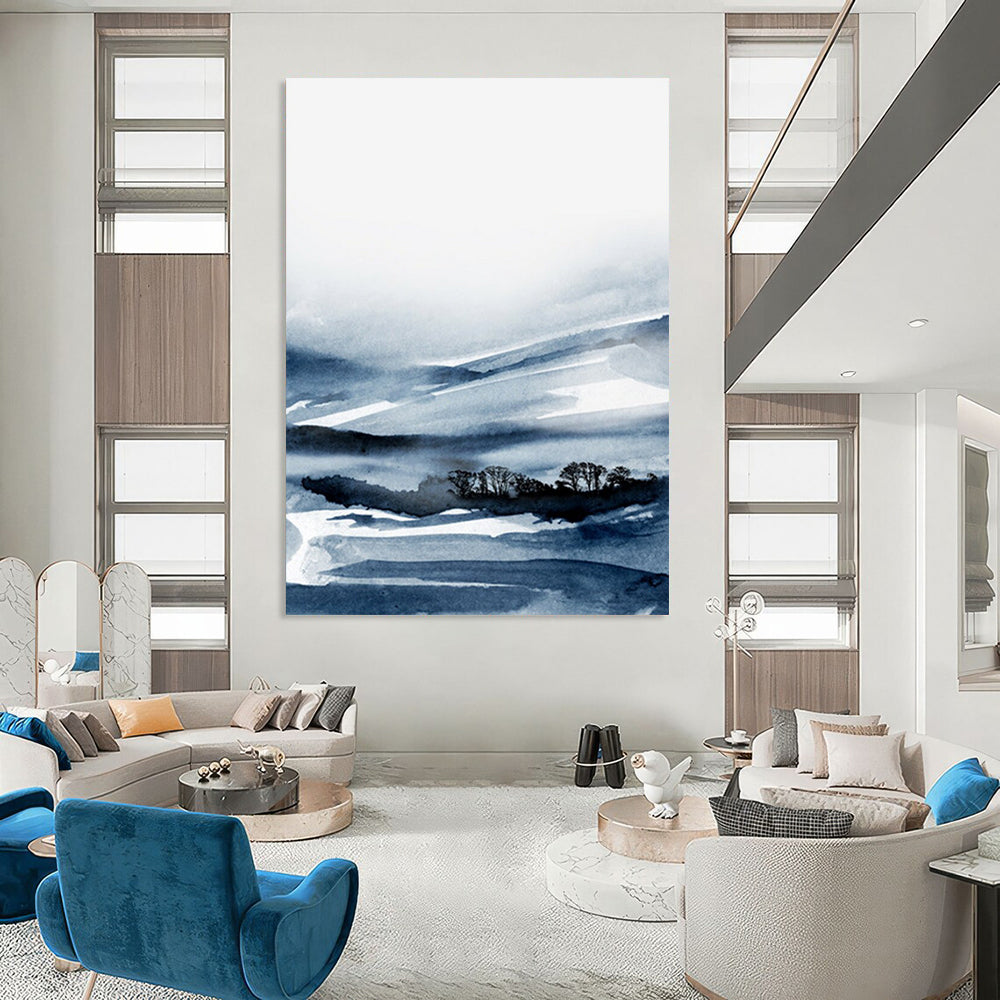 “Blue - White Ink Landscape” - Blue, White Abstract Landscape Painting On Canvas DTP231