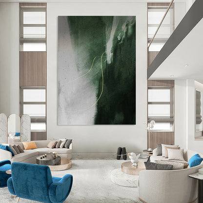 “Green & Gray With Yellow Line” - Green, Gray & Yellow Abstract Painting On Canvas DKH1209
