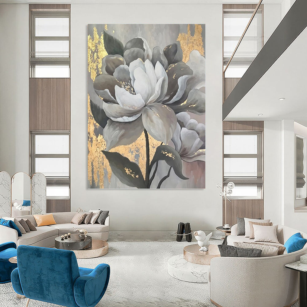 “Elegant Gray & Gold Flowers” - Modern Floral Painting On Canvas DKH1620