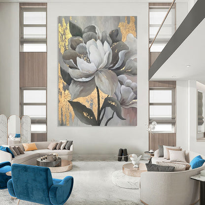 “Elegant Gray & Gold Flowers” - Modern Floral Painting On Canvas DKH1620