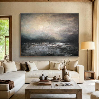 “Moody Gray - Toned Seascape” - Textured Landscape Painting On Canvas DKH781