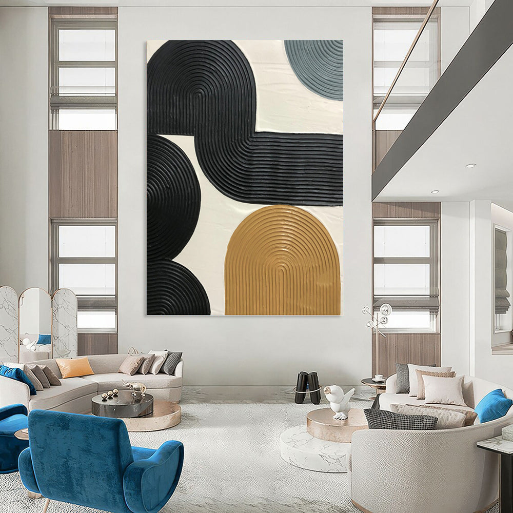 “Interlocking Ribbon Forms” - Black & Tan Textured Geometric Painting On Canvas DKH1178