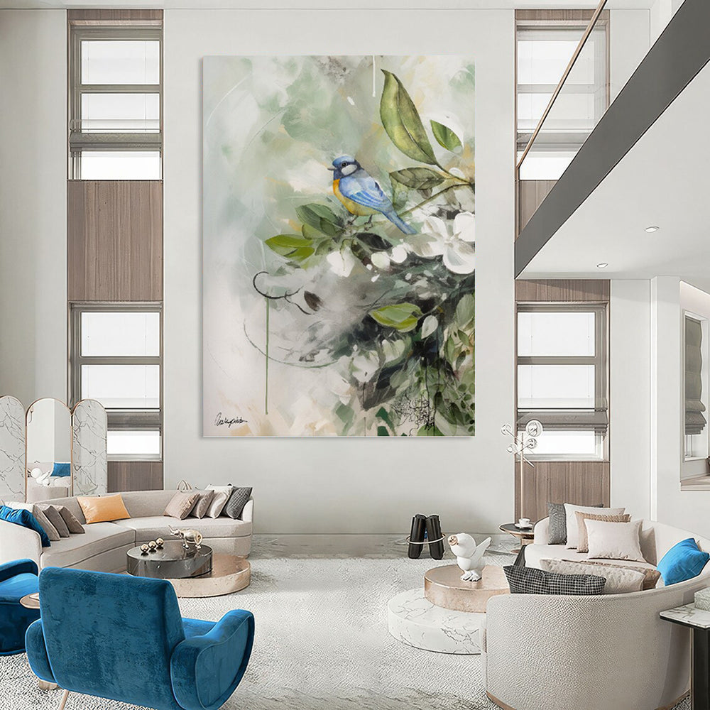 “Blue and Yellow Bird on a Branch” - Nature - Inspired Watercolor Painting On Canvas DKH1085
