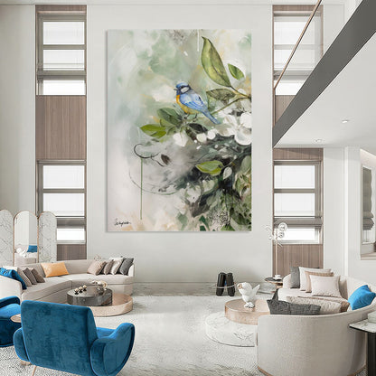 “Blue and Yellow Bird on a Branch” - Nature - Inspired Watercolor Painting On Canvas DKH1085