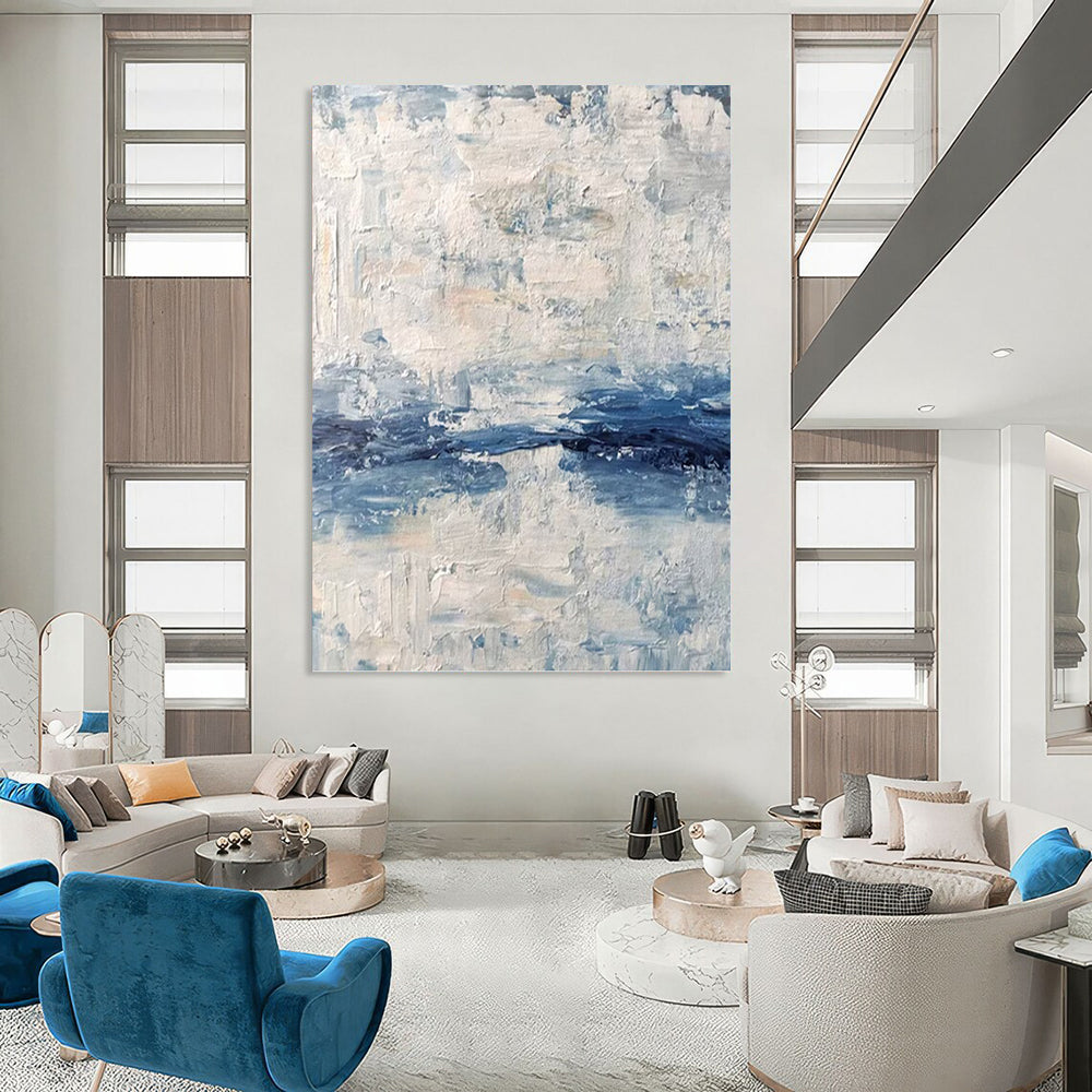 “Blue - White Textures” - Blue & White Abstract Textured Layers Painting On Canvas DKH1546
