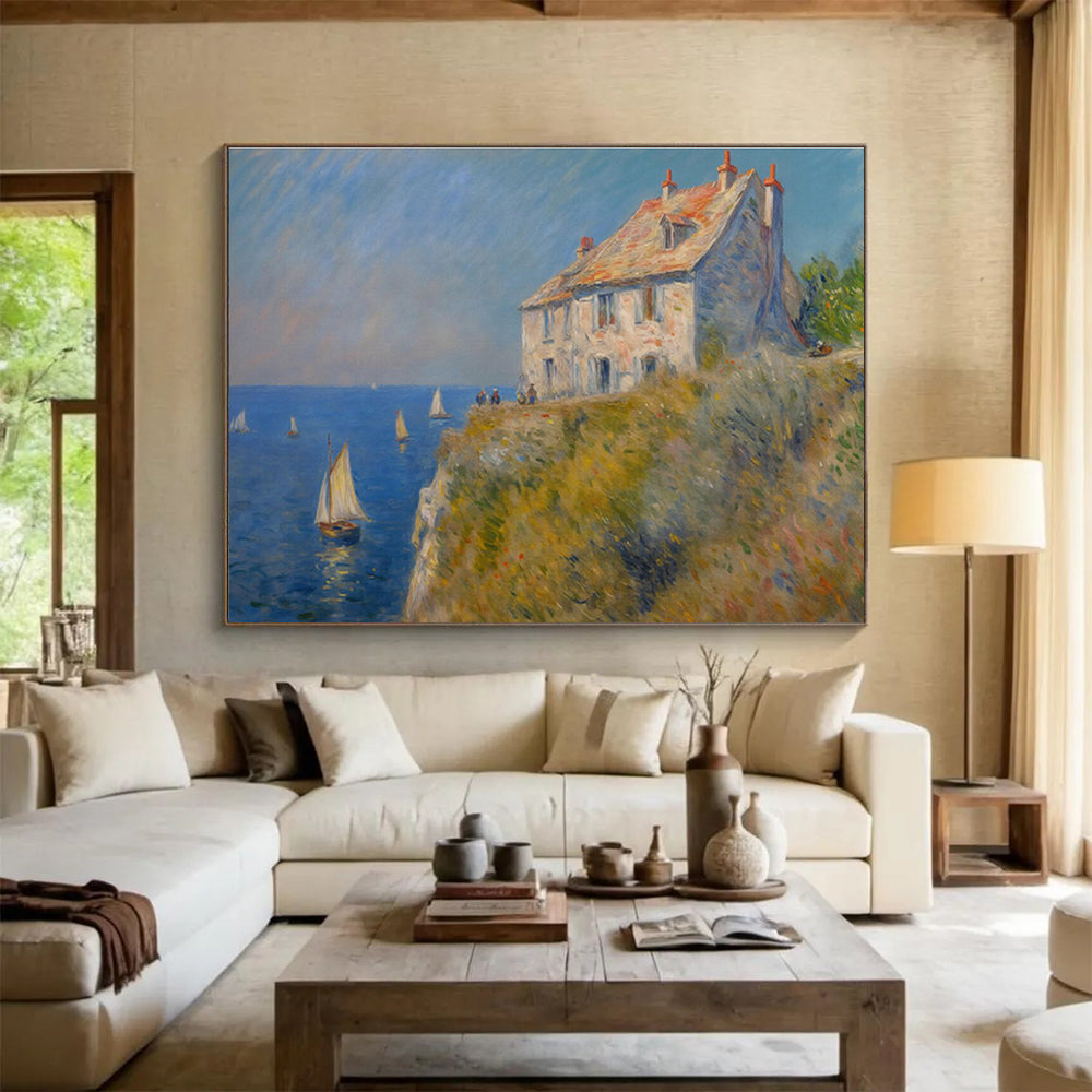 Coastal House with Sailboats Impressionist Painting On Canvas DKH222