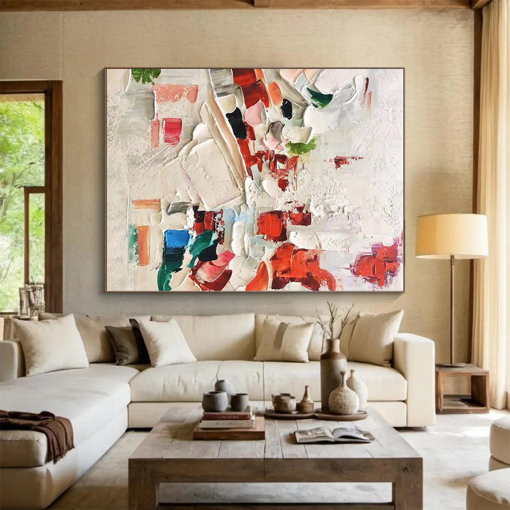 Red - Accented Thick Textures, “Blush & Bold” - Textured Abstract Oil Painting CT0731