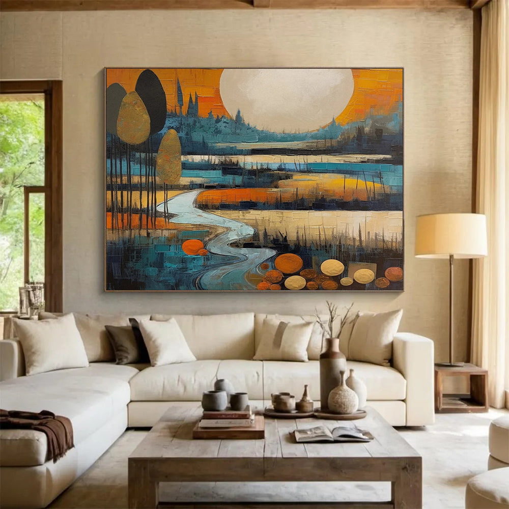 “Stylized Moonlit River” Cubist Landscape Painting On Canvas DLZ086