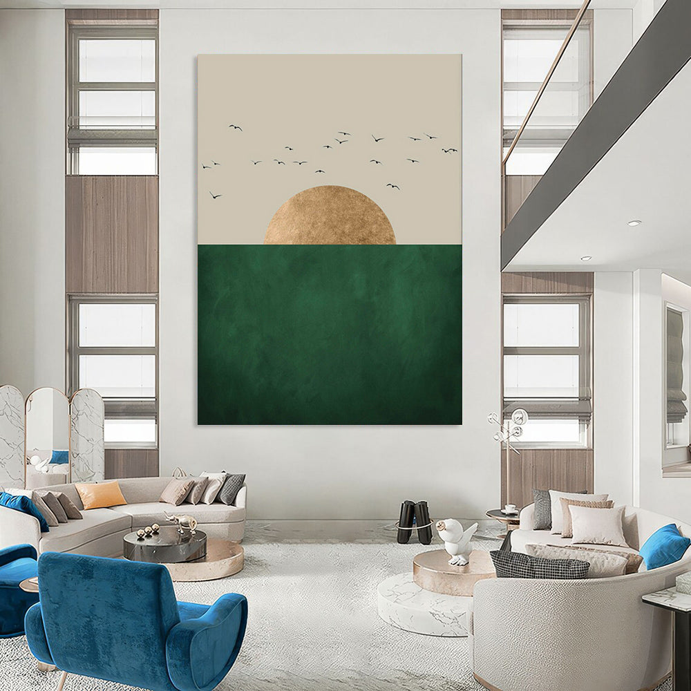 Golden Sun Green Horizon Black Birds Minimalist Nature Inspired Art CT1921