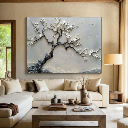 “Blossom Serenity” - Gray, White Textured Floral Relief - like Painting On Canvas DKH695