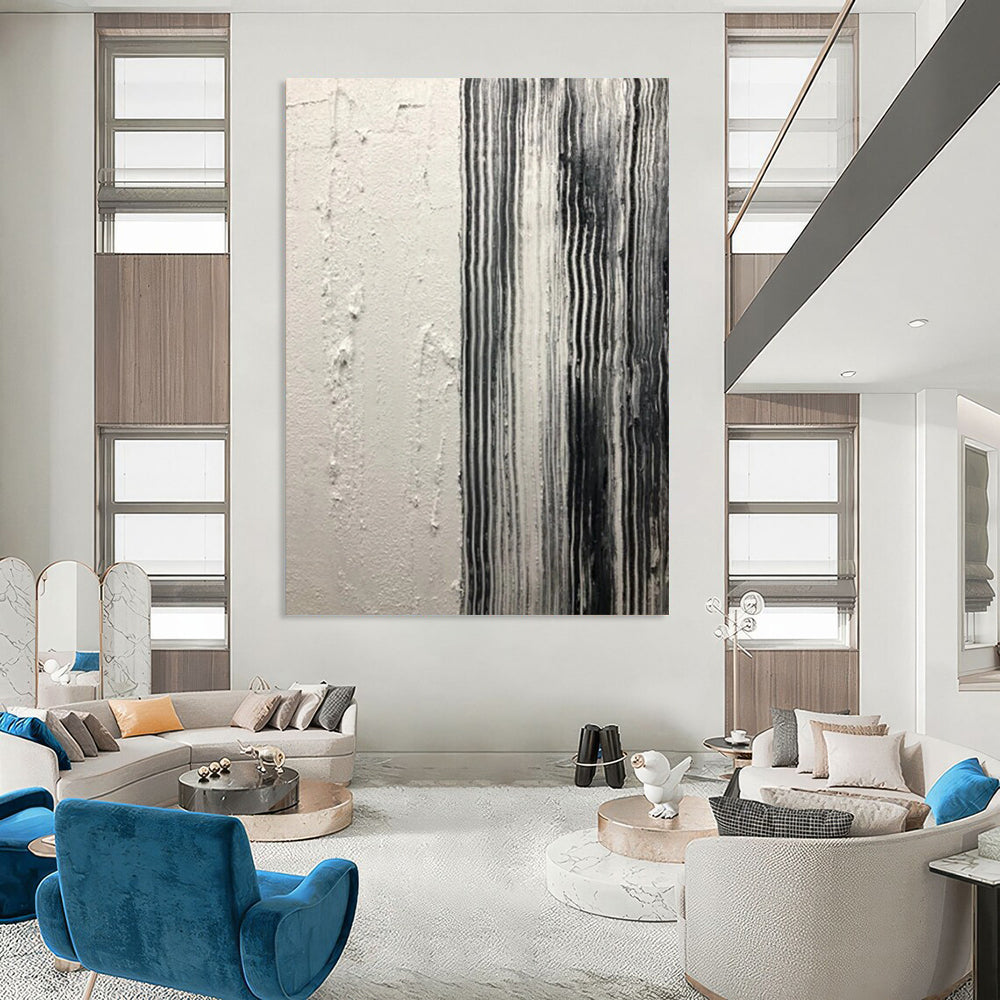 “White, Black Textured Stripes ‘Industrial Calm’” - Impasto Abstract Painting On Canvas DTP382