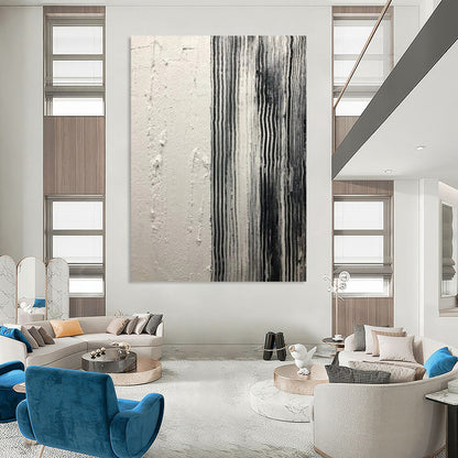 “White, Black Textured Stripes ‘Industrial Calm’” - Impasto Abstract Painting On Canvas DTP382