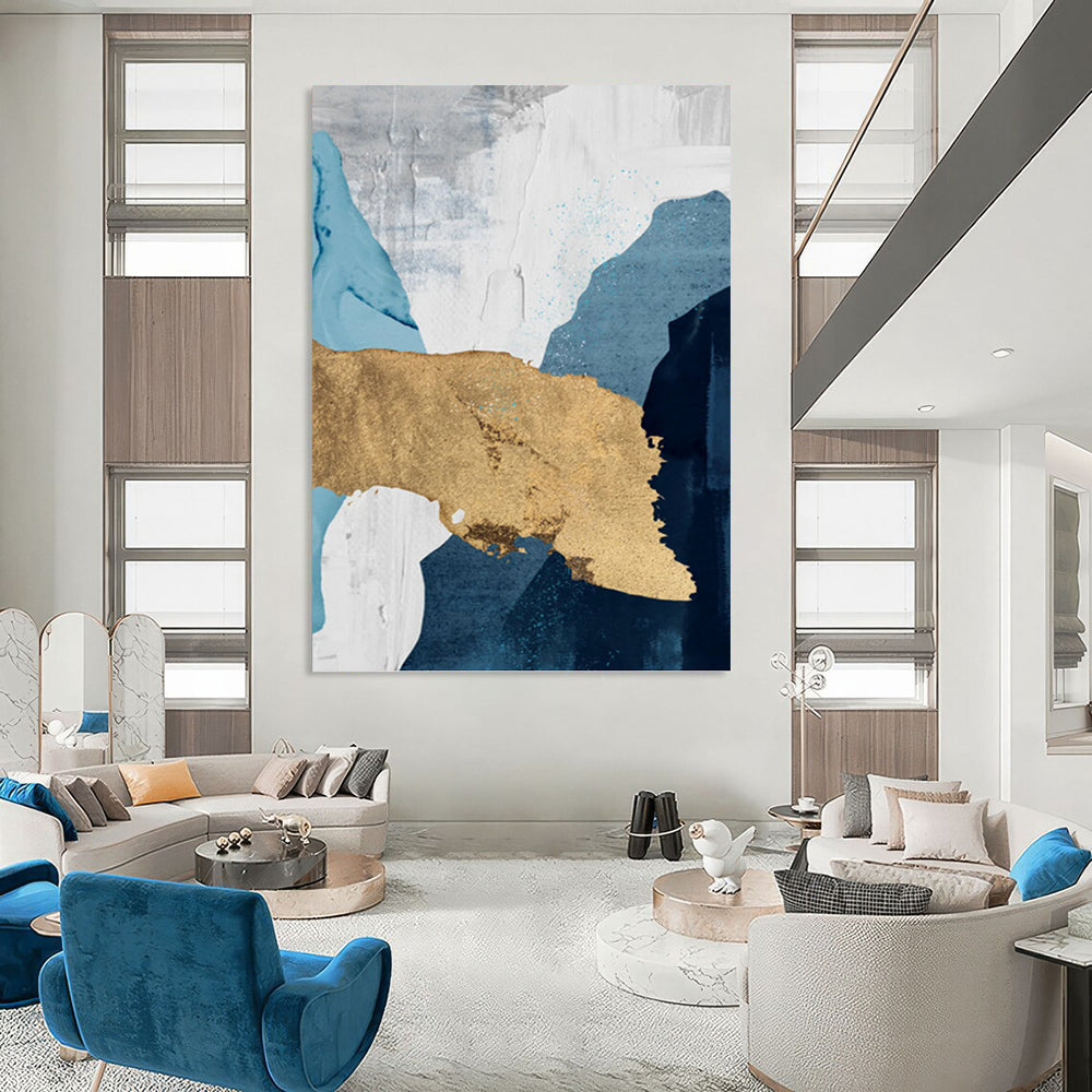 “Elegant Layers” - Blue, White, Gray & Gold Abstract Shapes Painting On Canvas DKH1527