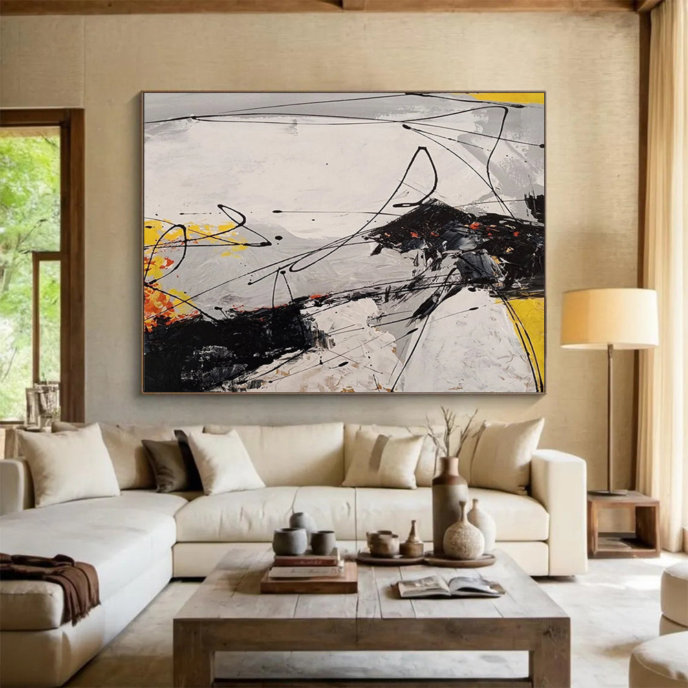 “Black, White, Yellow Gestural ‘Dynamic Dissonance’” - Abstract Gestural Painting On Canvas DLZ030