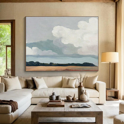 “Soft Clouds Over Earthy Field” - Minimalist Landscape Painting On Canvas DKH793