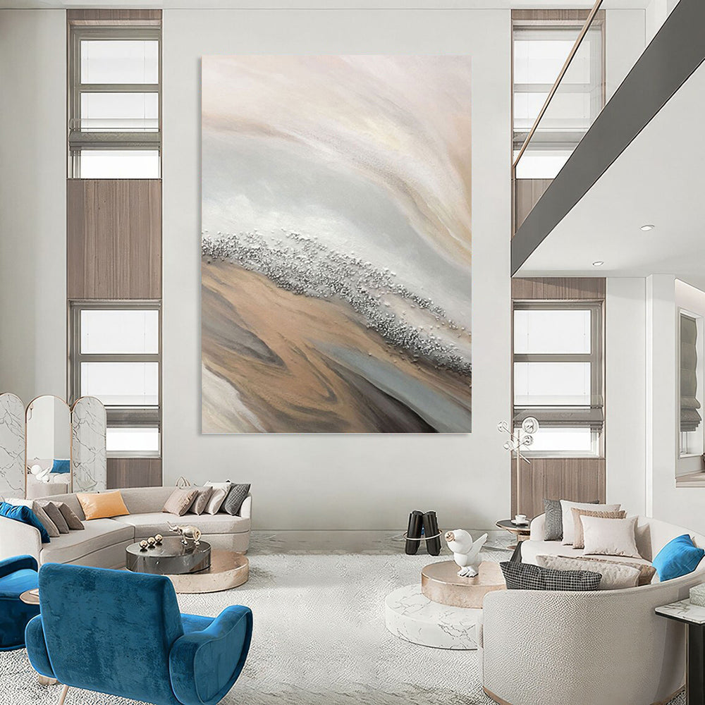 “Beige - Gray - Silver Flowing Abstract” Painting On Canvas DKH1228
