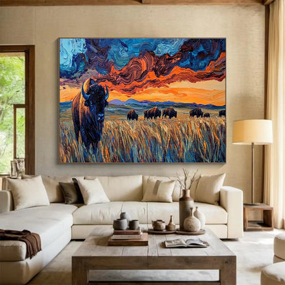 “Swirling Sky Bison Herd” - Dynamic Wildlife Painting On Canvas DKH806