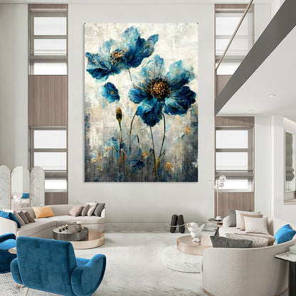 “Textured Blue Flowers” – Impasto Floral Oil Painting On Canvas CT2169