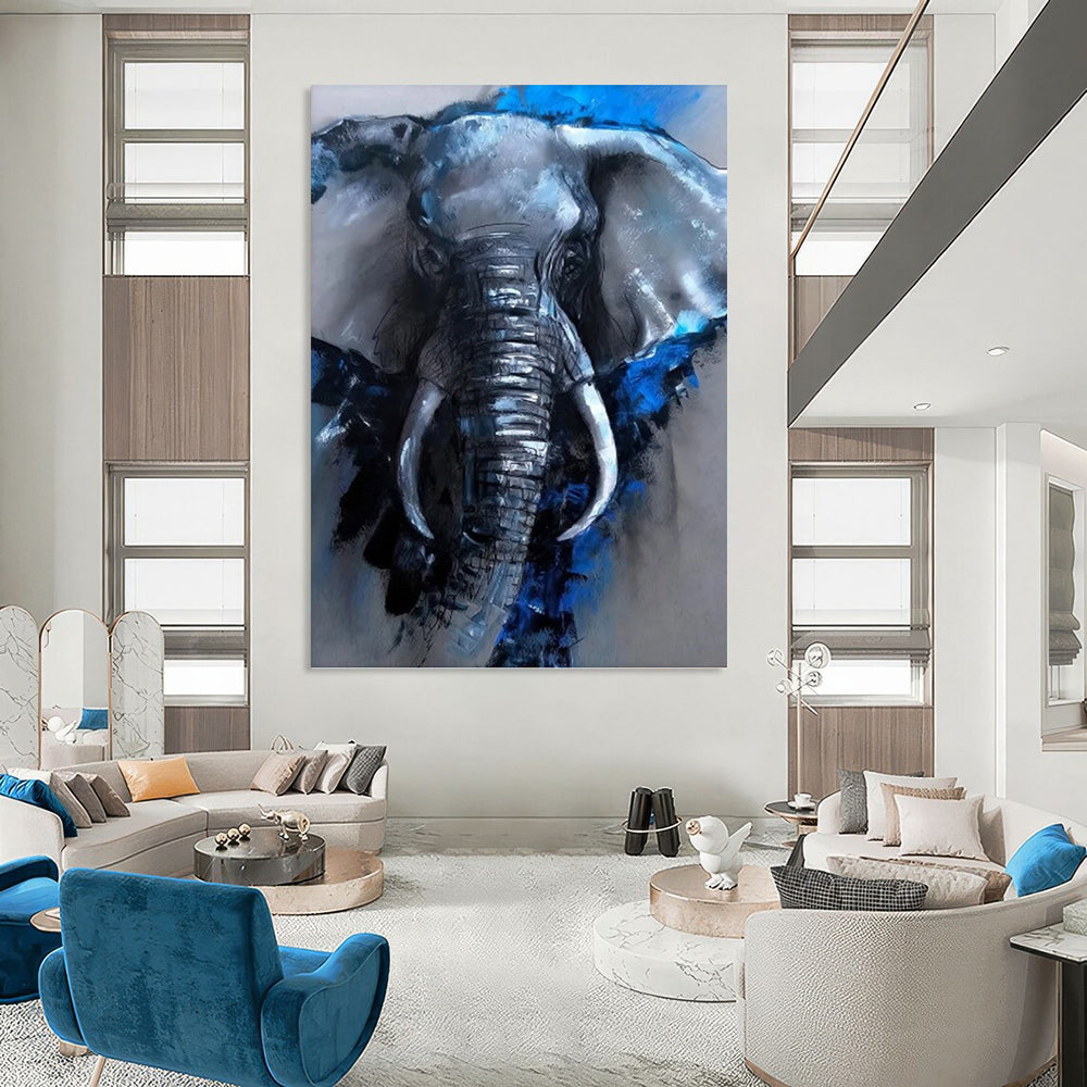 “Blue & Gray Elephant Portrait” - Expressive Animal Painting On Canvas DKH1610