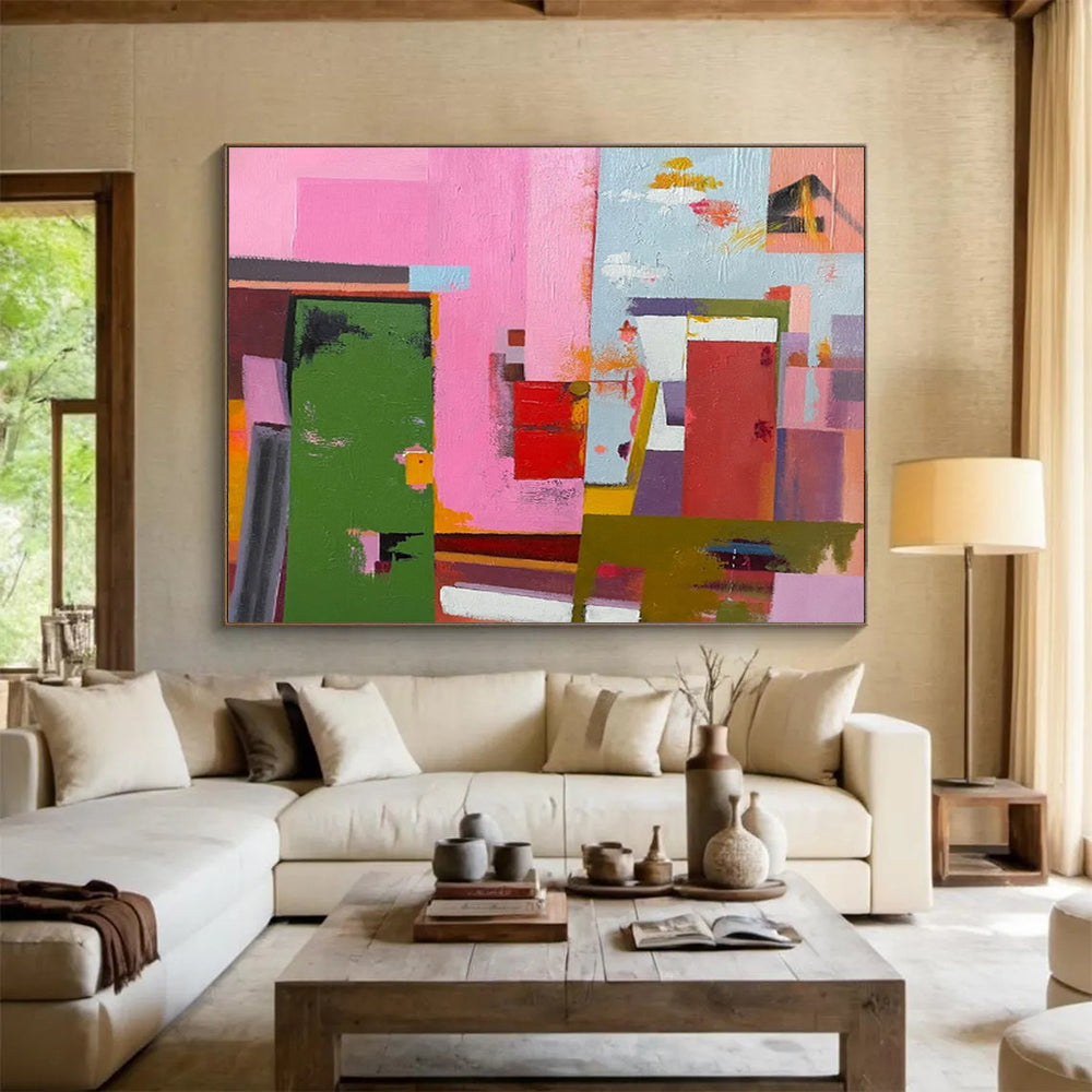 “Pink, Green, Color - Blocked ‘Vibrant Architecture’” - Abstract Cityscape Painting On Canvas DLZ013