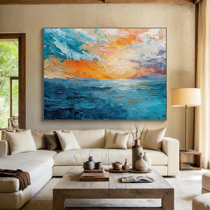 “Textured Seaside Sunset” Impasto Oil Painting On Canvas DKH503