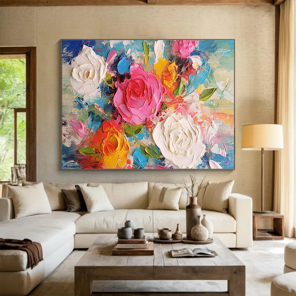 Textured Flower Bouquet - Pink, White, Yellow & Blue Floral Painting On Canvas DKH884