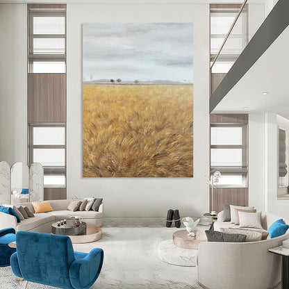 Golden Field Under Gray Sky - Landscape Painting On Canvas DKH1434