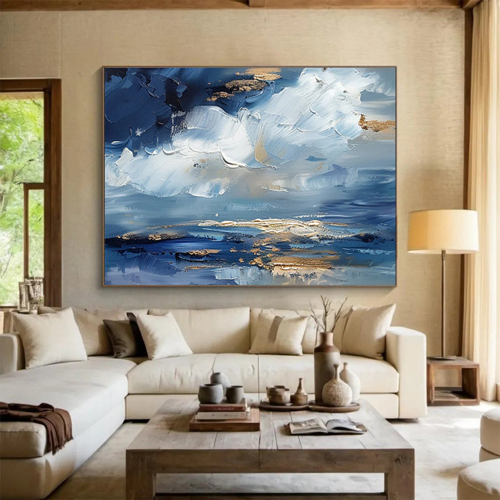 Blue - Gold Sky And Sea Painting On Canvas DKH684