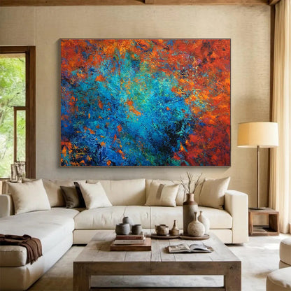 “Fiery Blue Core” - Red, Blue, Orange Abstract Oil Painting On Canvas DKH723