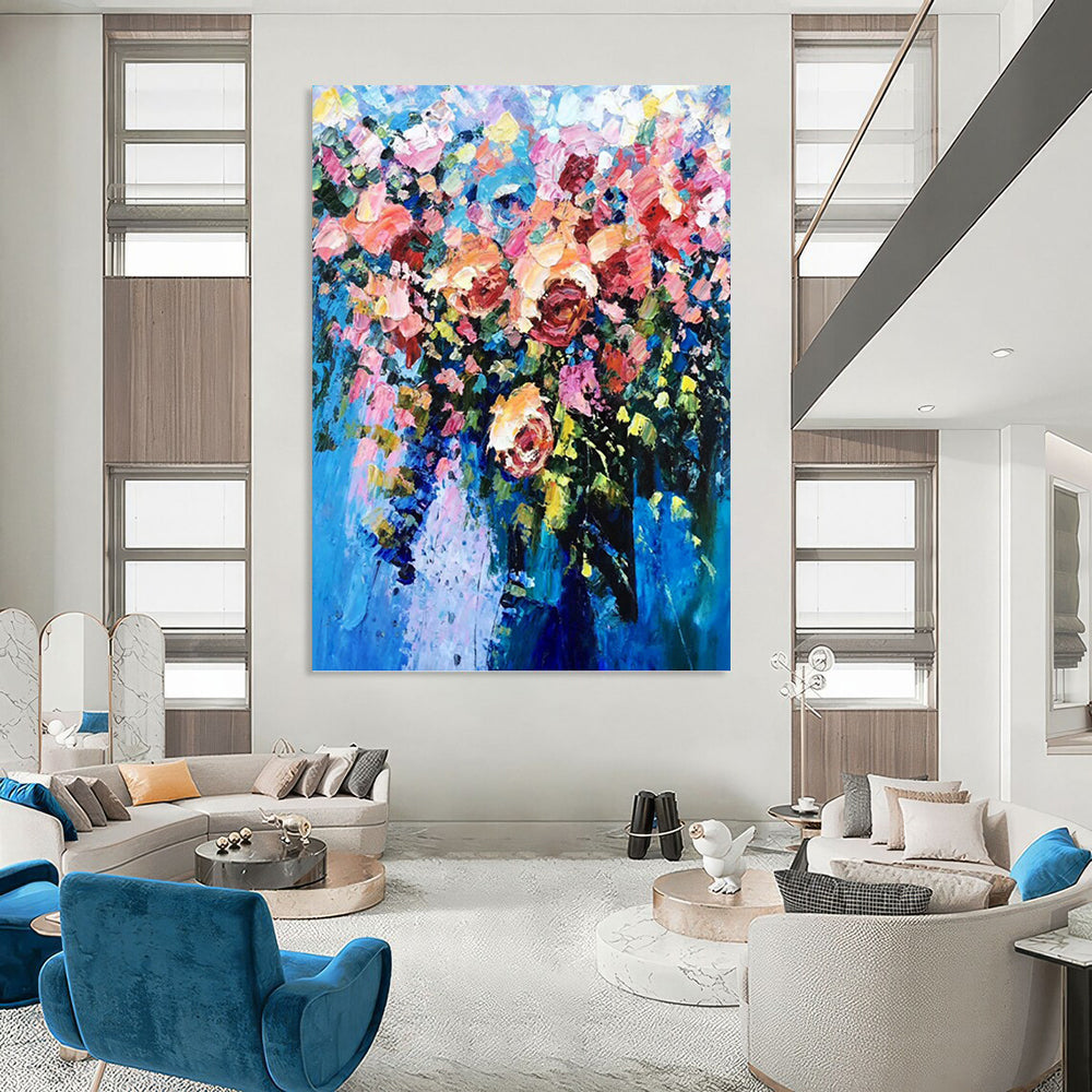 Vibrant Floral Bouquet in Blue Vase - Impasto Flower Painting On Canvas DKH1349