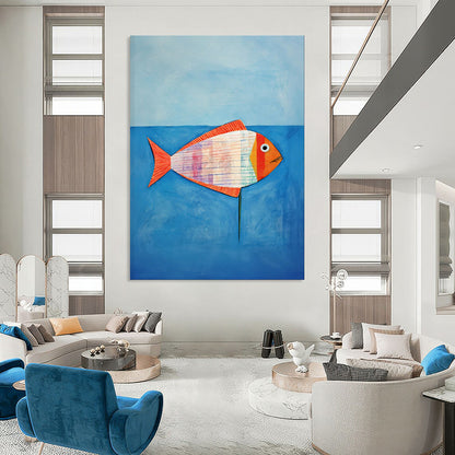 Colorful Striped Fish, Blue Sea - "Patchwork Fish" - Naive Art - style Painting CT1836